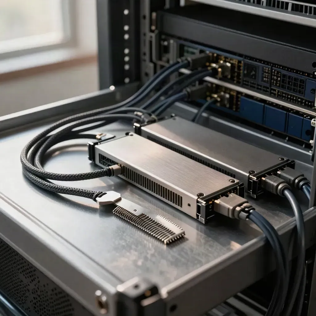 Overhead SSD caddies, braided patch leads, and cable comb on brushed metal in a server tray.