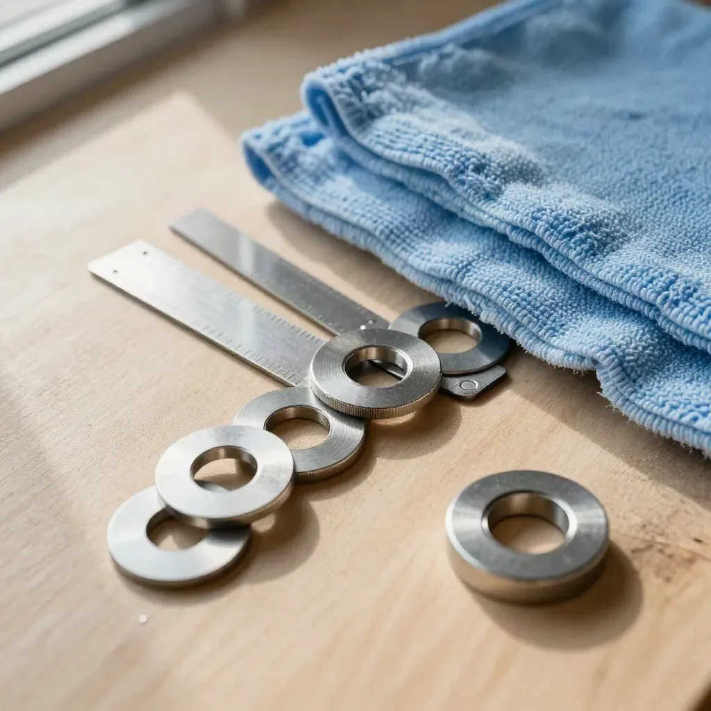 Top-down macro of aluminium shims, washer rings, and a sky-blue cloth on pale wood.