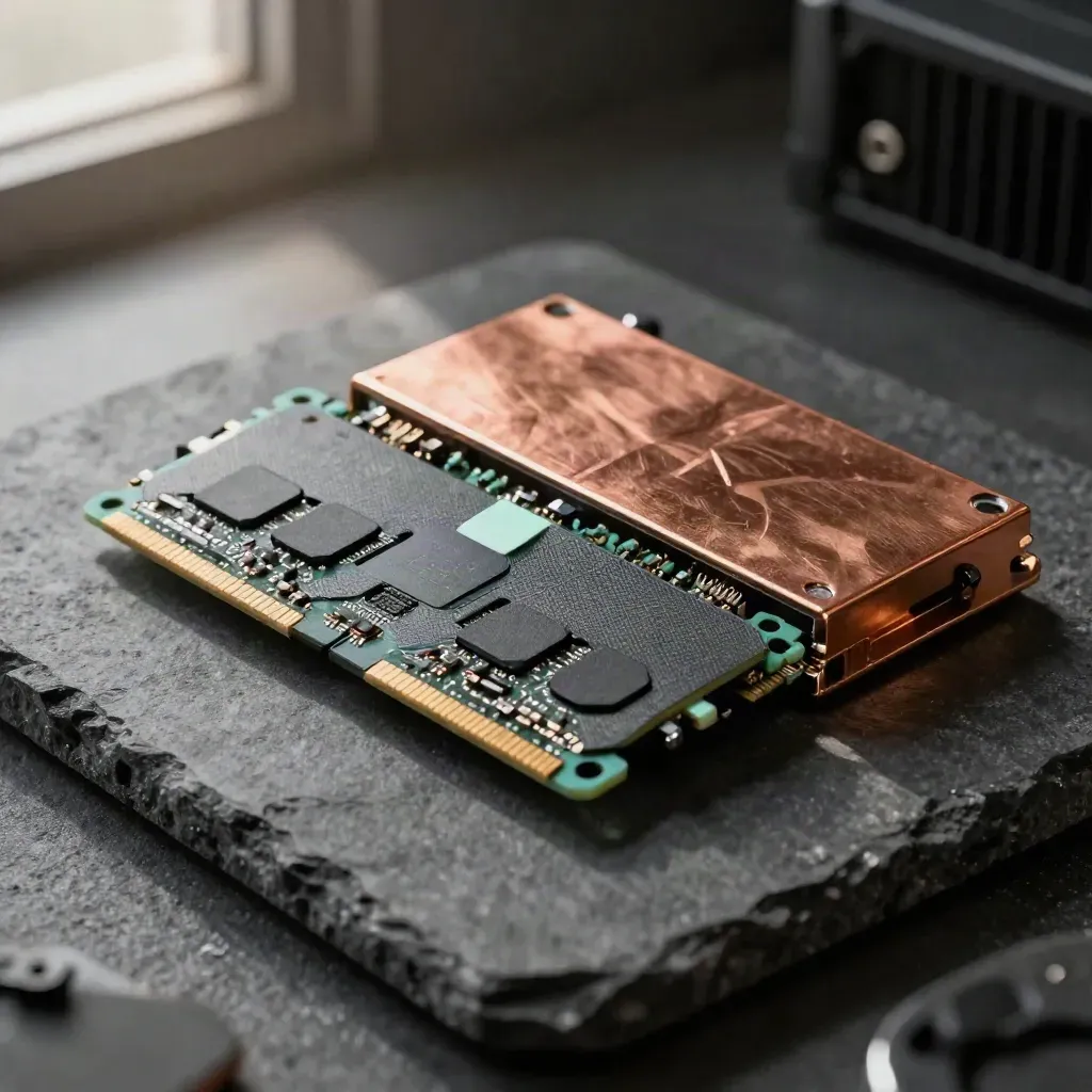 Extreme macro of memory DIMMs, a copper heat sink and fasteners on dark stone.