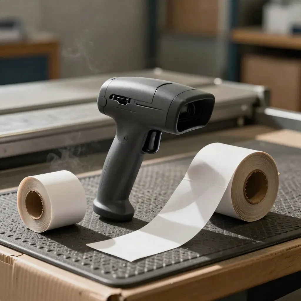Barcode scanner shell, receipt core, and anti-static insert on a warehouse packing mat