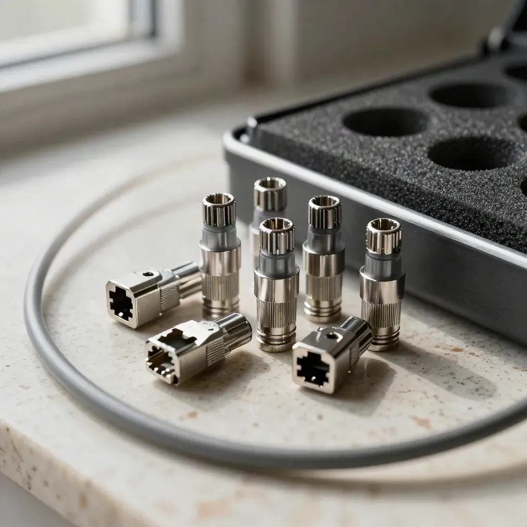 Travertine still life of fibre ferrules, RJ45 couplers and crimp sleeves with a blurred cable loop.