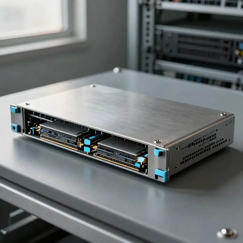 Macro of a server tray with NVMe drives clicking into a rack rail.