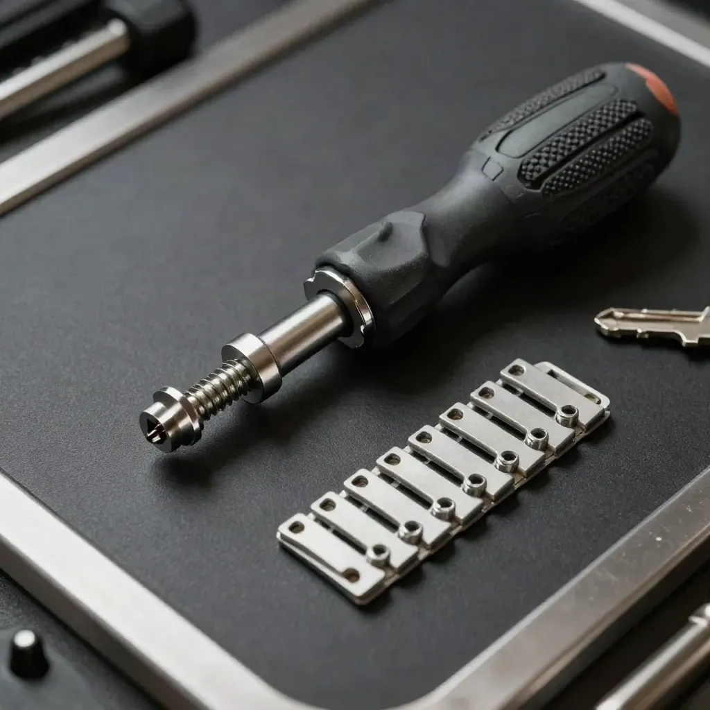 Torx driver, captive rack screws and fan clips on a graphite maintenance mat.