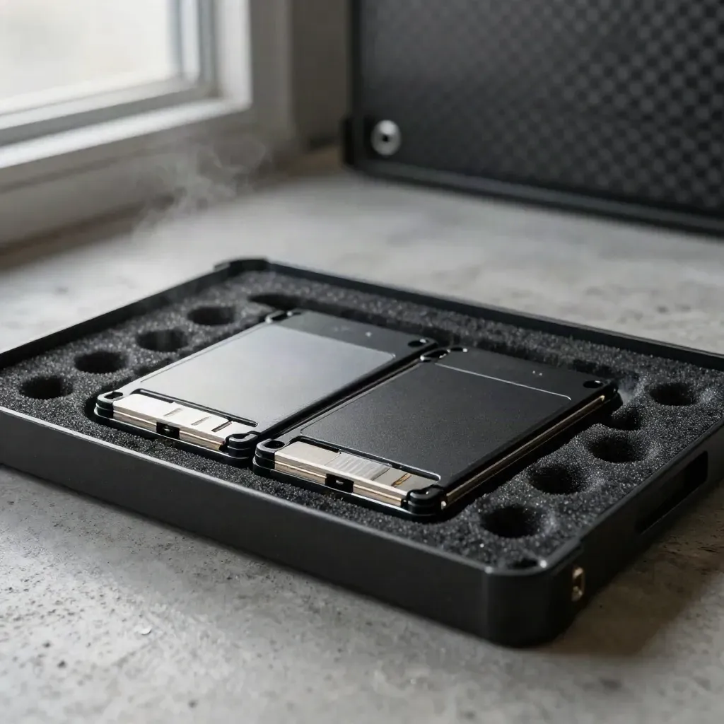 Two mirrored SSD cartridges in anti-static foam beside a spare sled.