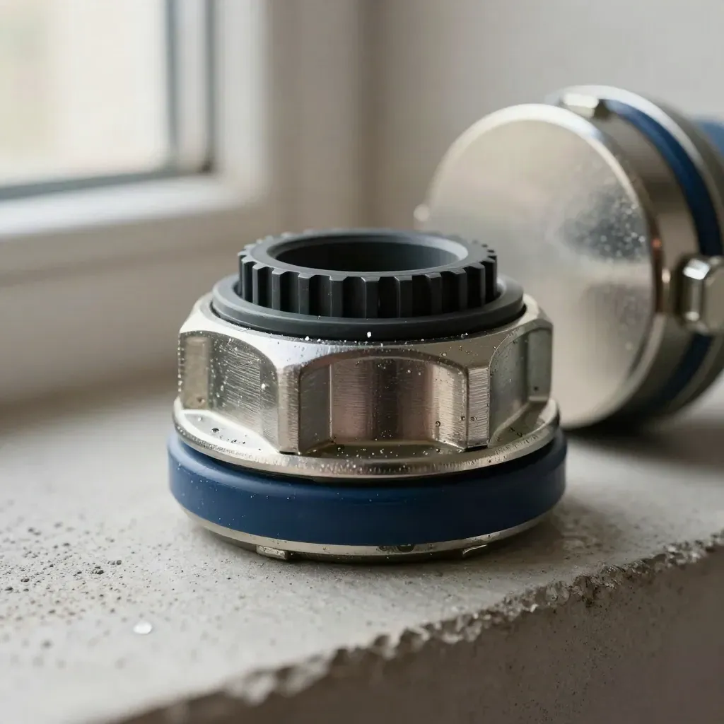 Macro of cable glands, a junction-box lid and rubber sealing rings on damp concrete.