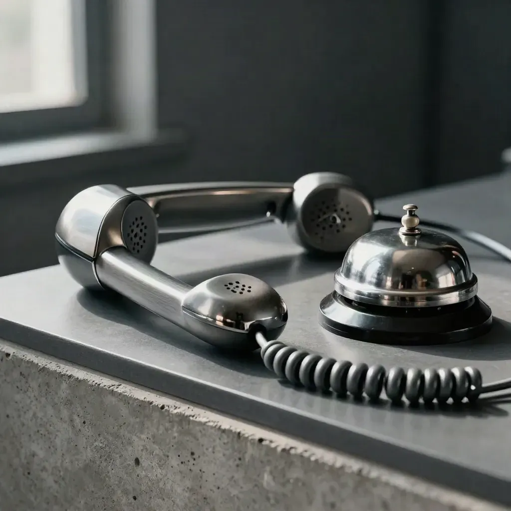 Metal handset and service bell on concrete, close-up with soft directional light.