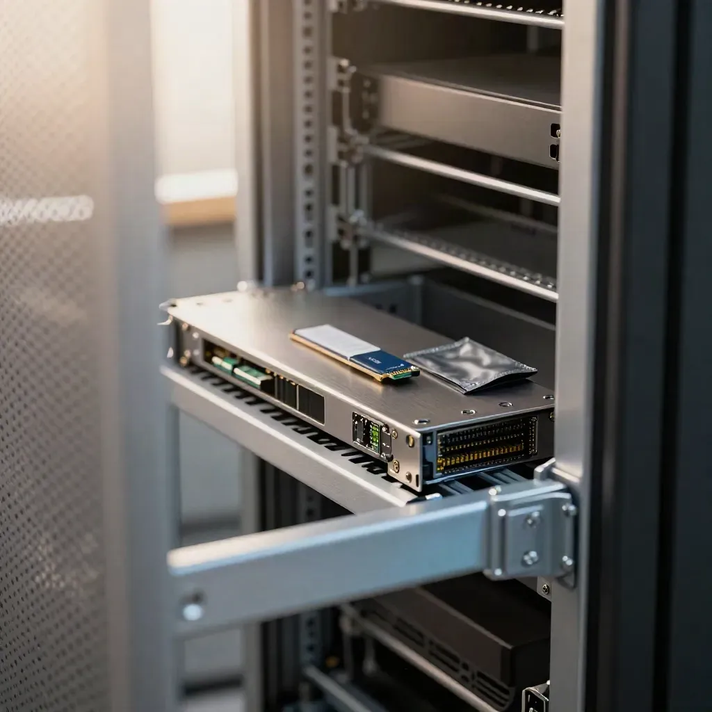 Starter server rack parts sliding into a shelf, seen through a blurred perforated door