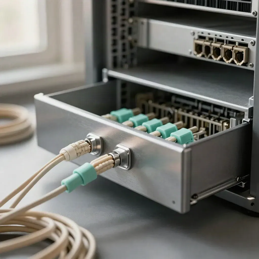 Macro of fibre patch lead, coupler block and empty rack drawer on graphite surface.