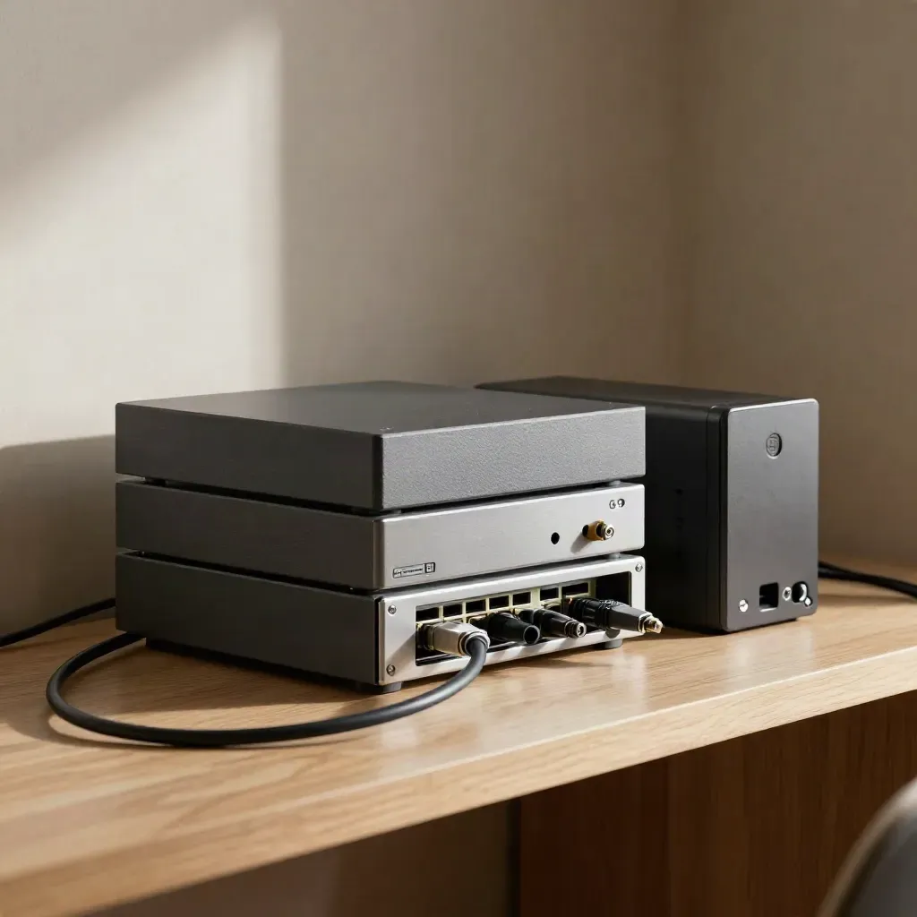 Router, backup drive caddy and UPS on a wood shelf, framed through a blurred cable loop.