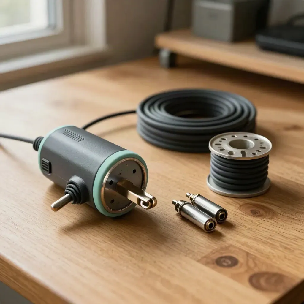 Inline power meter plug, drive blanks, and cable spool on a warm oak workbench