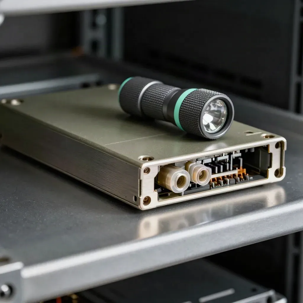 Macro still life of SSD tray, fibre couplers and flashlight on a server shelf with blurred rack rails.