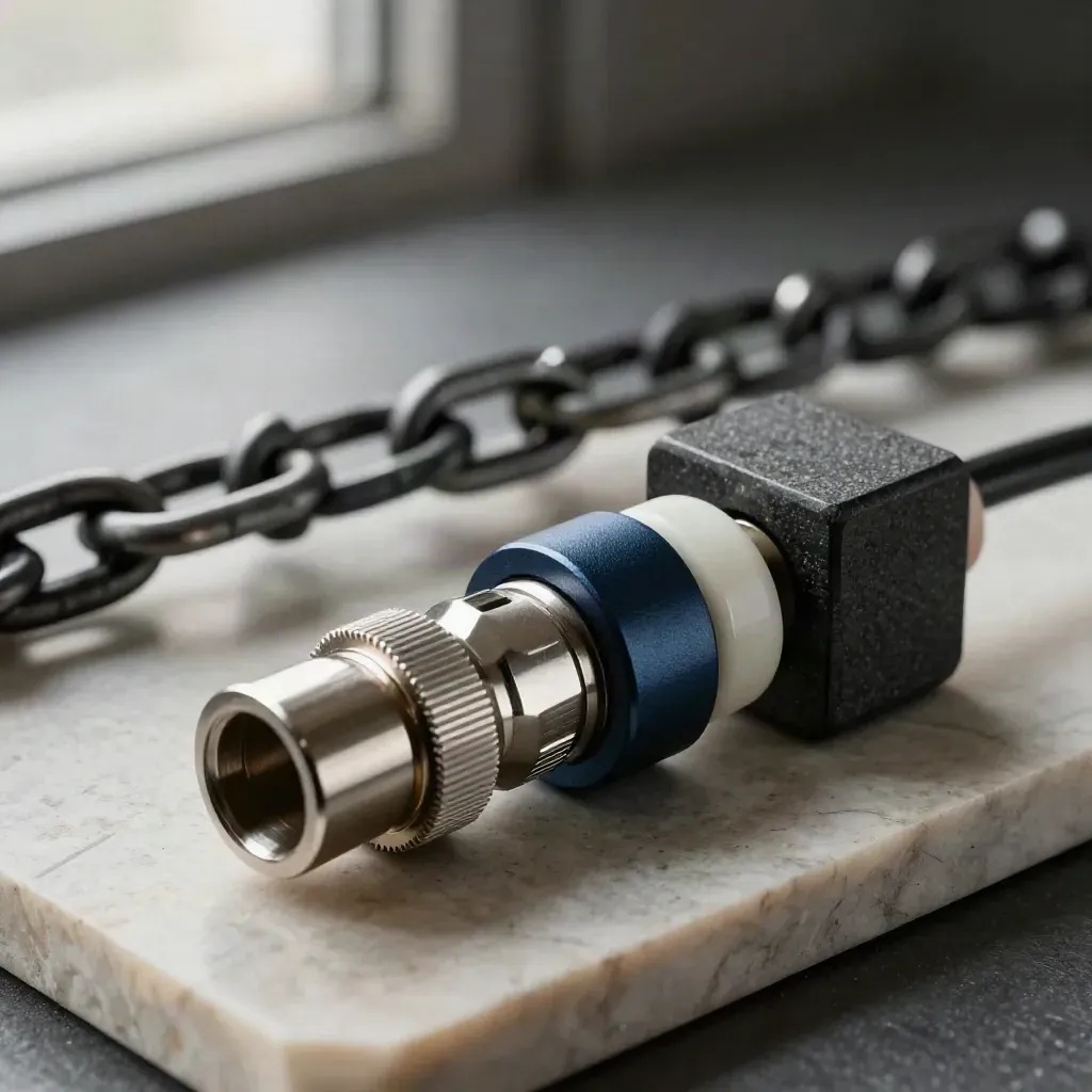 Linked rings and cable connectors on a limestone slab, with a navy accent, in dramatic low light