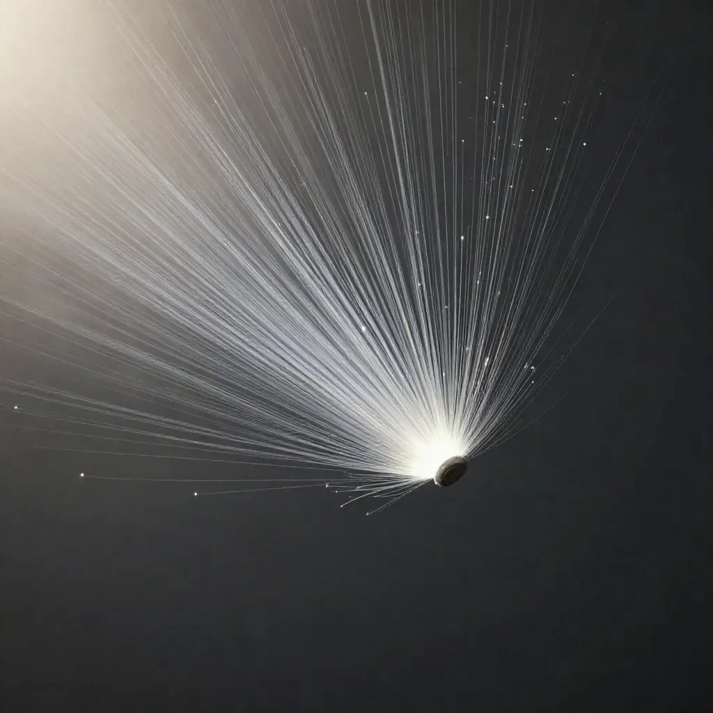 Silver light filaments bloom in dark haze with off-centre core and empty copy space