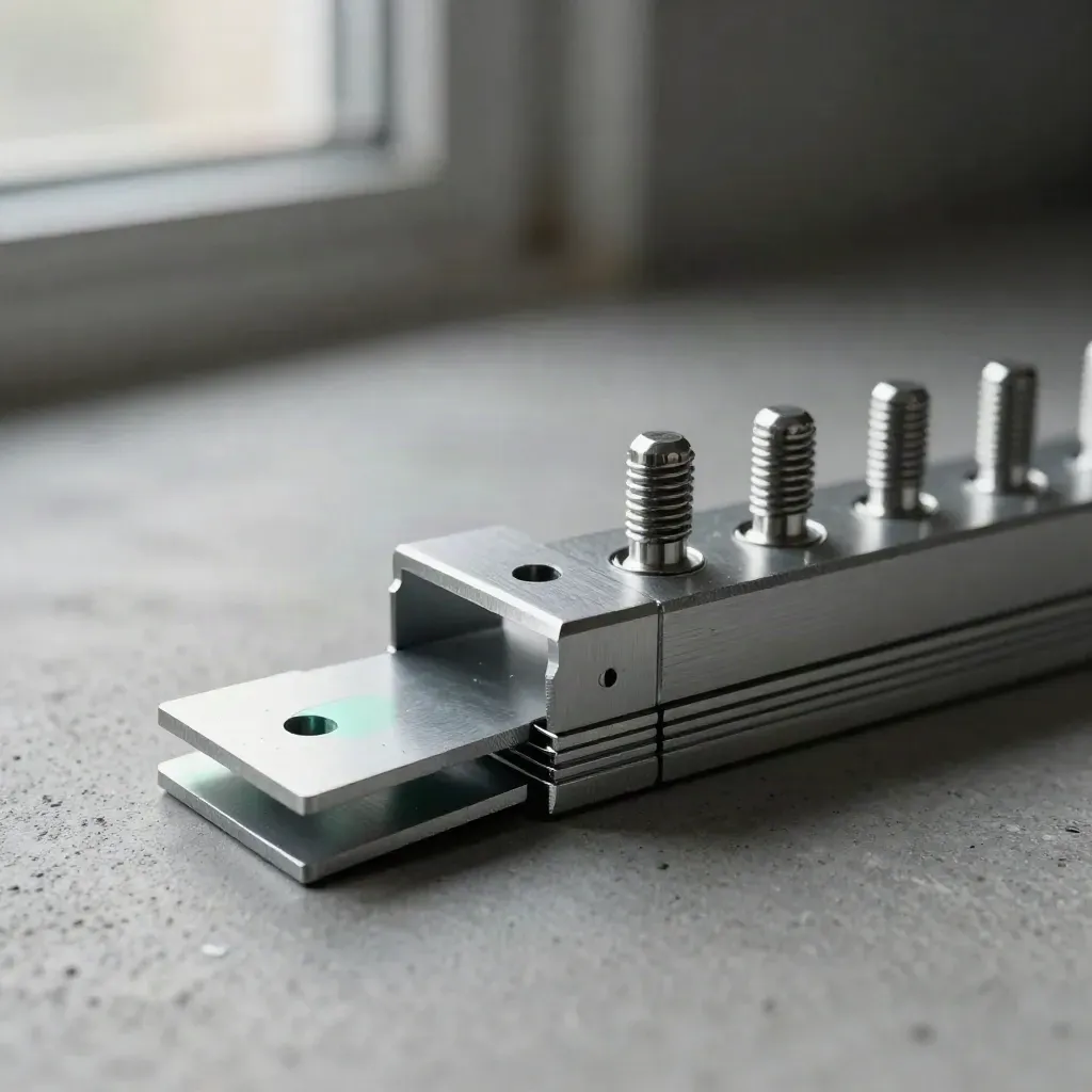 Macro of machined aluminium dovetail brackets and pegs on concrete with mint accent