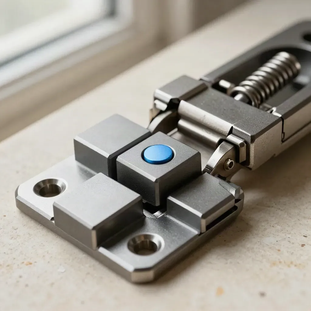 Macro of machined hinge parts and matte blocks aligned on stone with a subtle sky-blue accent.